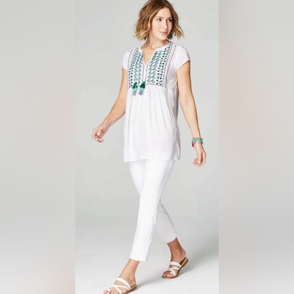 J. Jill Cap Sleeve Embroidered & Beaded Soft Rayon Tunic w Tassel Ties - Picture 9 of 11